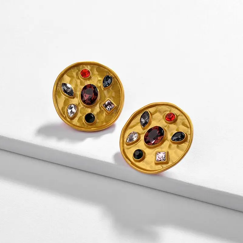 

HOVANCI High Quality Colorful Cz Zirconiz Disc Stud Earrings Creative Gold Plated Rhinestone Paved Round Coin Stud Earrings, As picture show