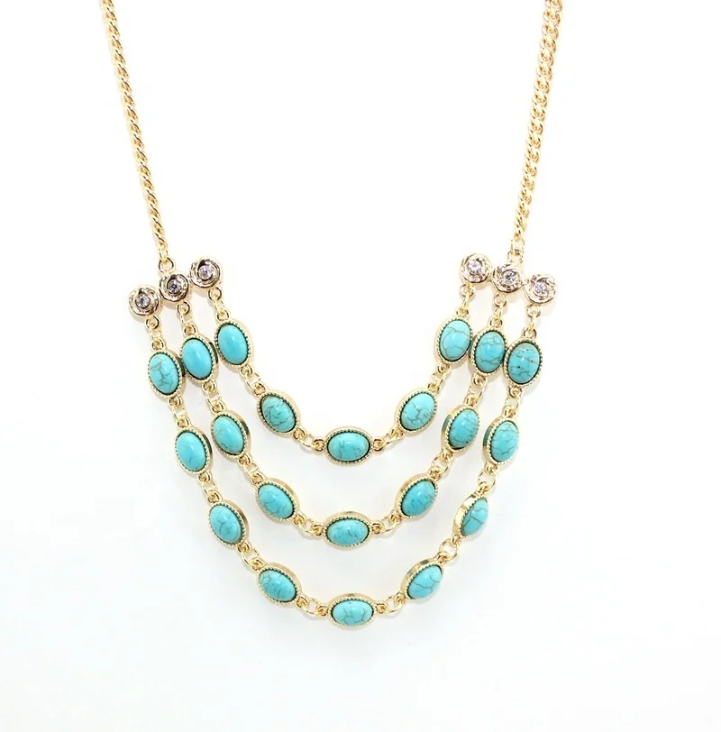 

Wholesale Women's Fashion Turquoise Inlaid Multi-layer Gemstone Necklace