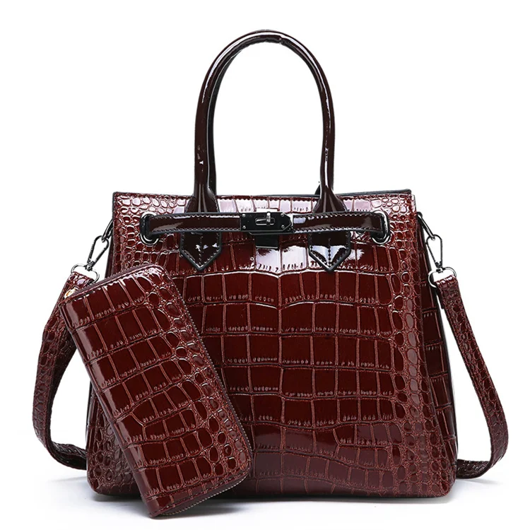 

2021 new korean style 2 pieces wallet handbag set alligator pattern shiny leather luxury famous brands handbags for women, Brown,black,red