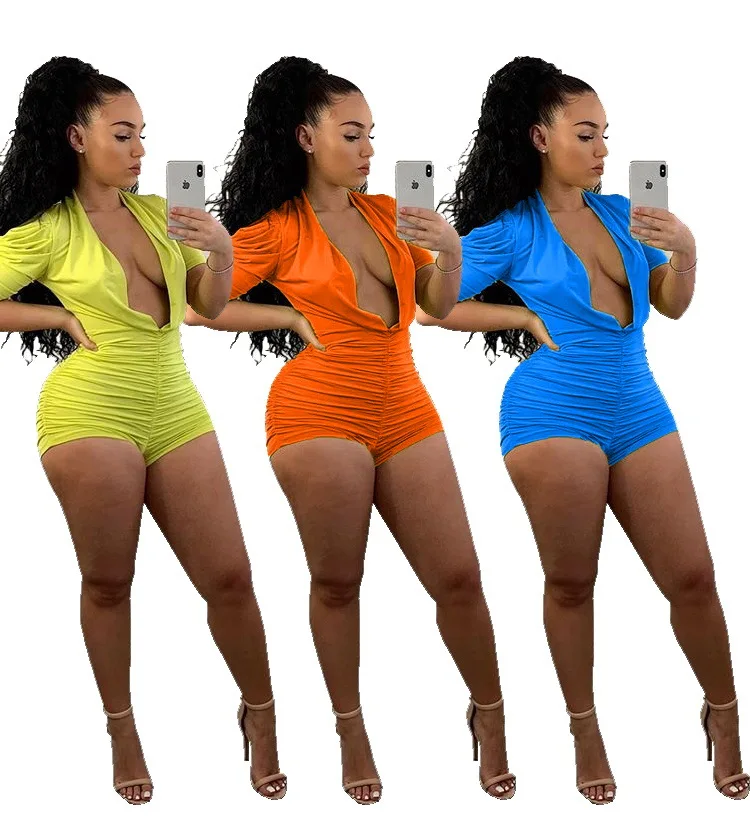 

S-XXL Sexy open-chest pleated bubble sleeve jumpsuit woman, Black,blue,pink