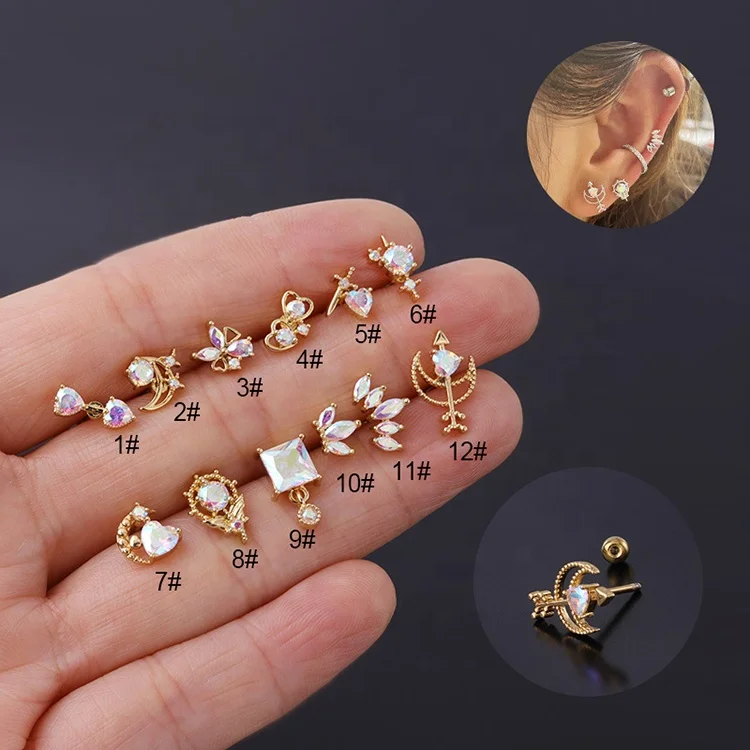

New fashion women jewelry gold plated micro inlay shiny AB zircon stainless steel ear bone studs Screw stud earrings, As the pic shown