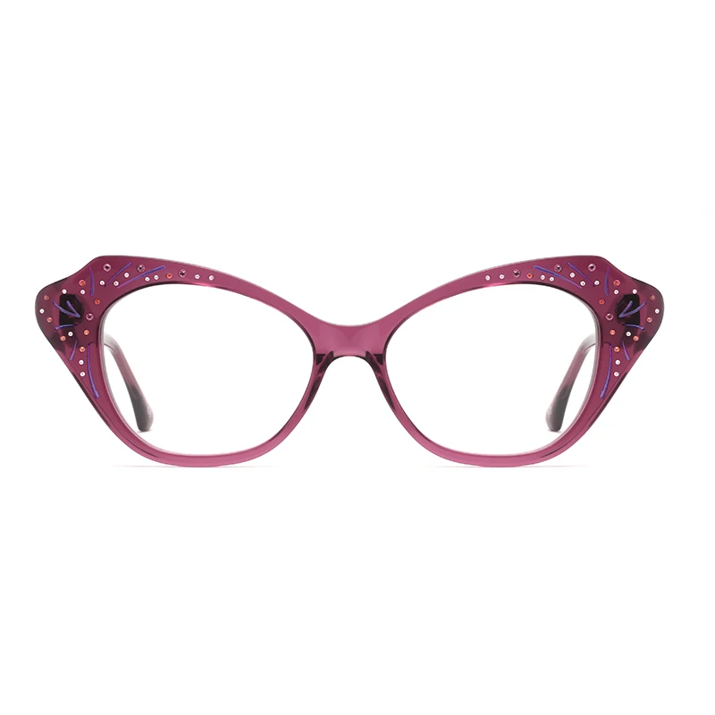 

2022 New Arrival Custom Logo Luxury Design Women Rhinestone Diamond Cat Eye Acetate Optical Frame Glasses