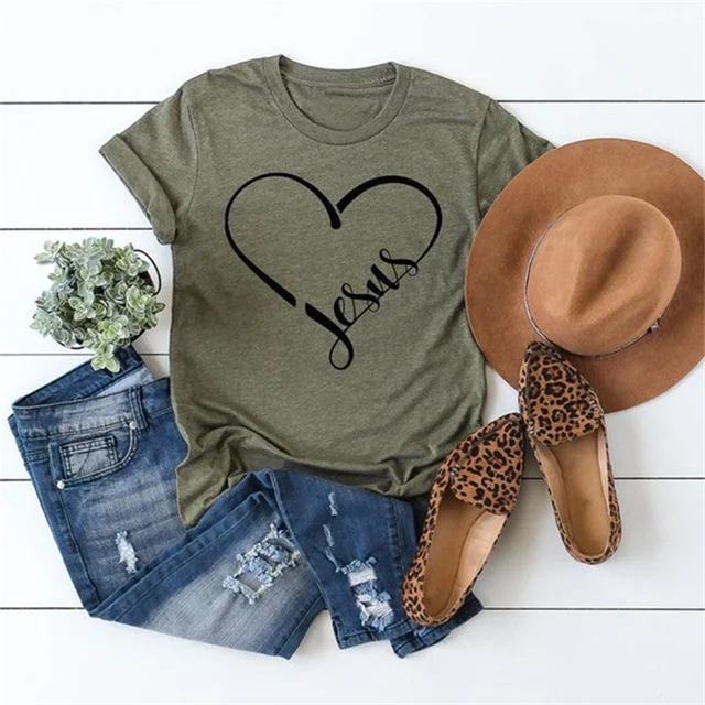 

Summer Simple Love Print Round Neck All-match T-shirt, Picture color