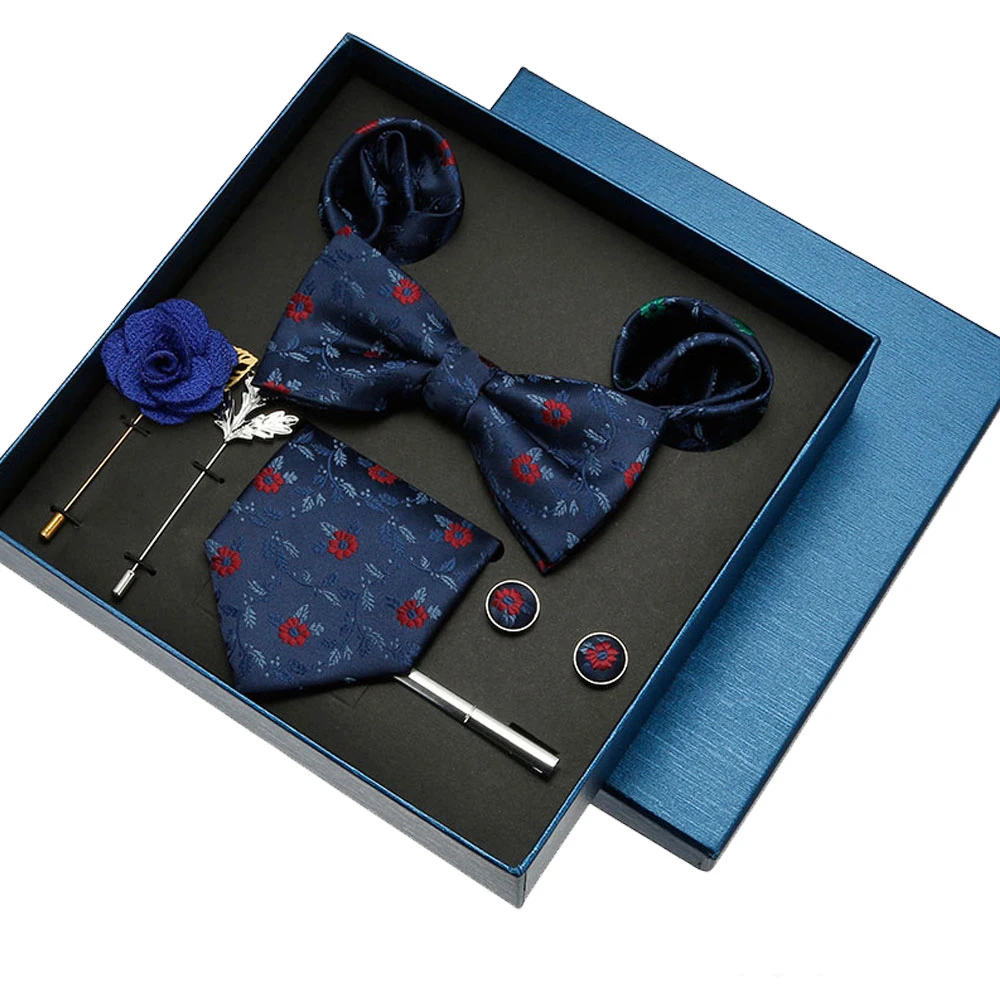 

Men's Tie Set Gift Box Fashion Brand Bowtie Pocket Squares Brooch Cufflinks Clip Suit For Men Business Necktie Wedding Party Tie