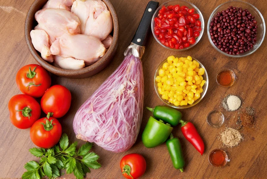 Chicken chili ingredients on wooden table including chicken, tomatoes, beans, peppers