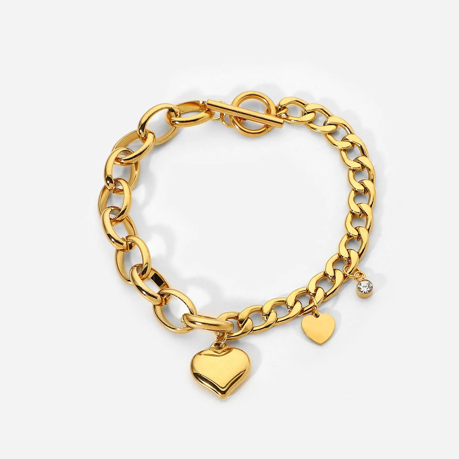 

Charm 18k Gold Plated OT Buckle Fashion Bangles With Cubic Zircon Heart Jewelry Stainless Steel Chunky Cuban Chain Bracelet