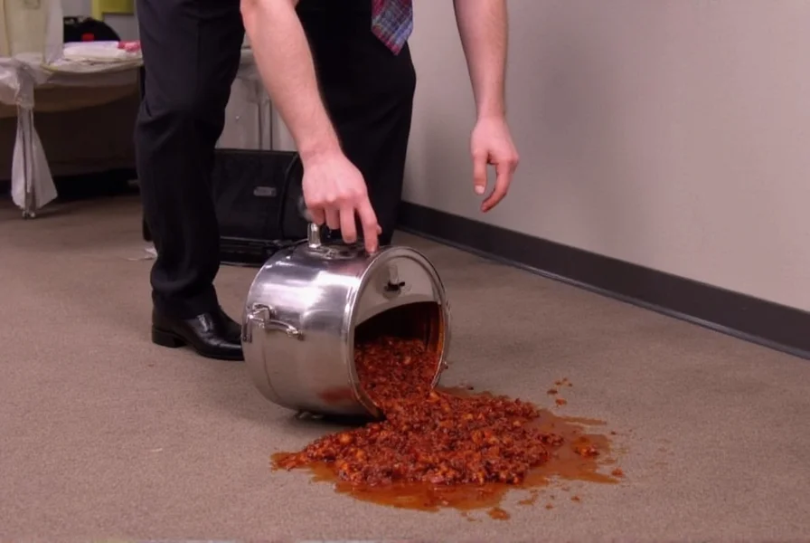 Brian Baumgartner as Kevin Malone dropping slow cooker with chili spill on office floor, The Office TV show scene recreation