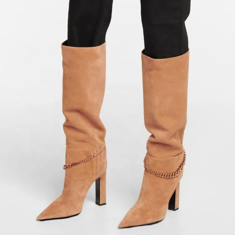 

Classic Design Pointed Toe Brown Color Women Knee High Boots Chunky Heel Black Leather Chain Decor Slip On Winter Fashion Boots, Black,brown