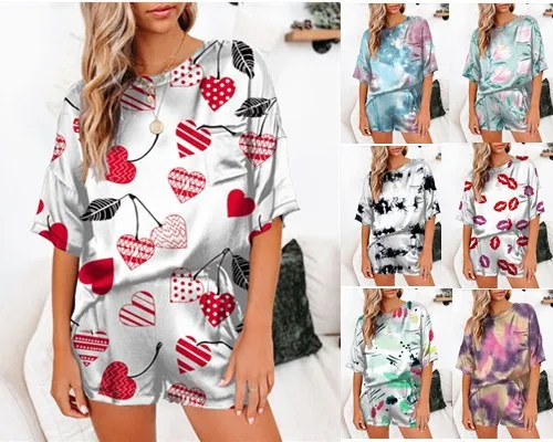 

2021 Spring And Summer Pajamas Short-sleeved Shorts Irregular Two-piece Suit New Solid Color Silk Printed Pajamas