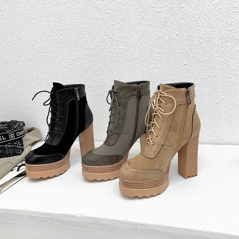 
2020 Newest Winter Boots Women High Heels Platform Shoes Zip Lace Up Woman Ankle Boots 