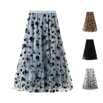 

Women Floral Tutu Tulle Mesh Skirts Spring Elastic High Waist Flower Print Overlay Layered A Line Midi Skirt Female Clothes