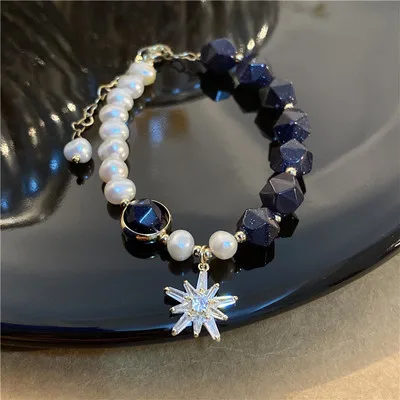 

New 14k Gold Plated Geomrtric Blue Natural Stone Pearl Bead Bracelet Freshwater Pearl Crystal Flower Charm Bracelet For Women