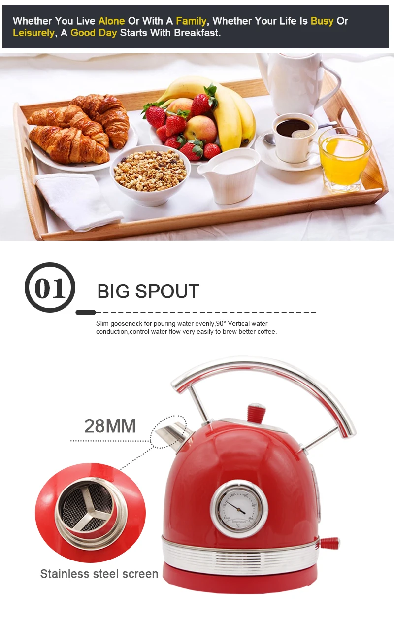 2020 Hot sale big capacity 1.8L electric kettle home appliances red color with thermometer filter kettle