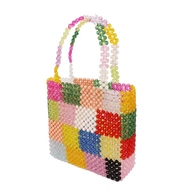 

Fashion cosmetic bags shoudle women hand bag woven crystal pearl acryl bag handmade handbag Square design wholesale custom, Customizable