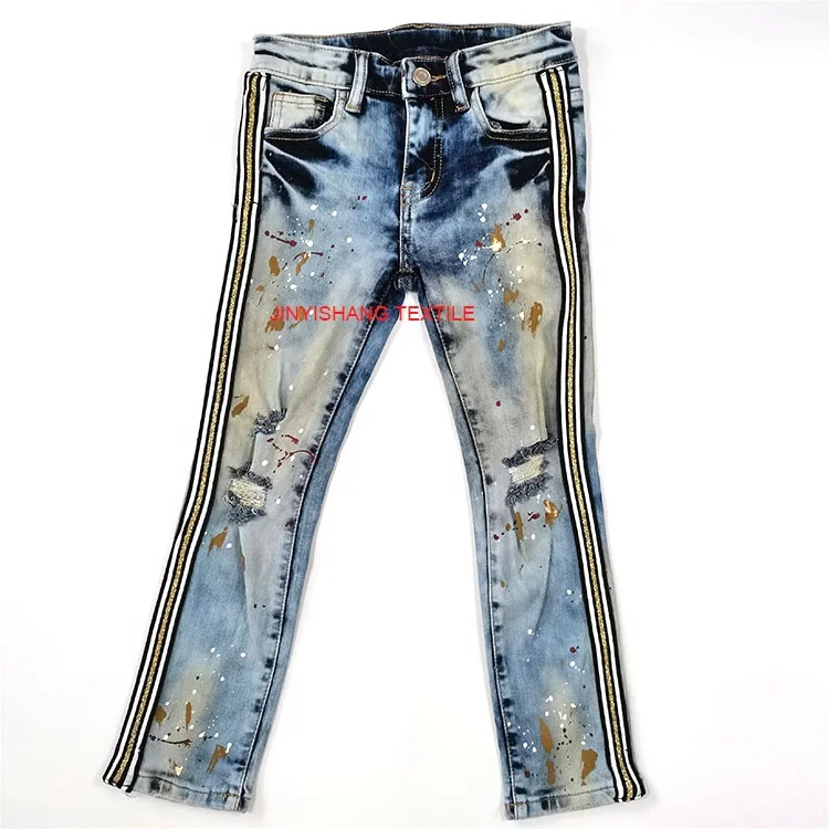 

In-Stock Wholesale Distressed Vintage Wash Stripe Multi-Color Paint Kid Jeans Children Long Trousers Denim Pants for Boys Girls