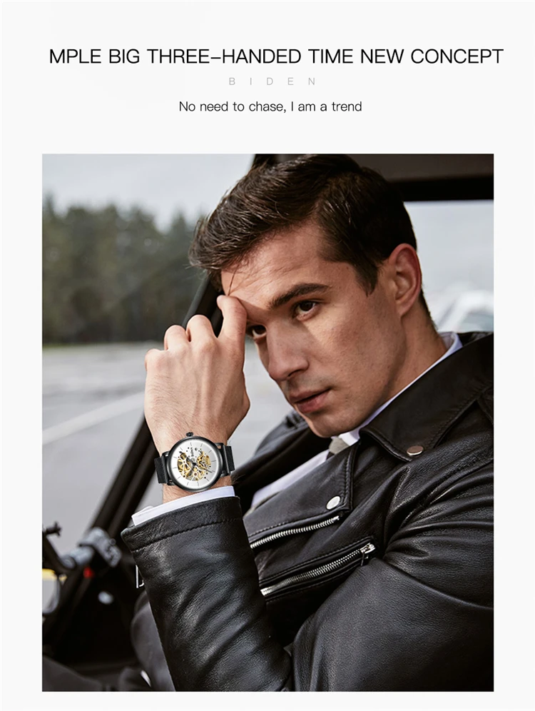 BIDEN 0052 Luxury Blue Mens Mechanical Watch 2025 Mesh Strap Hollow Dials Decoration Vintage Skeleton Automatic Wrist Watch