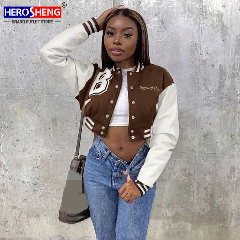 

Womans Winter Coat Streetwear Sexy Print Cotton Cropped Baseball Jacket Drop Shoulder Leather Patchwork Fleece Letterman Jacket