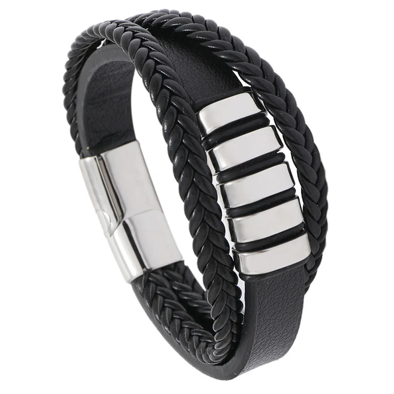 

Custom Stainless Steel Leather Cuff Wrapped Bracelet, Mixed colors