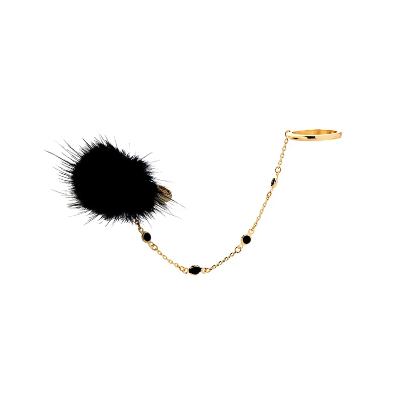 

jz0083d Euramerican Fashion Gold Plated Jewelry Delicate Black Downy Pompon Resin Gem Chain Index Finger Rings