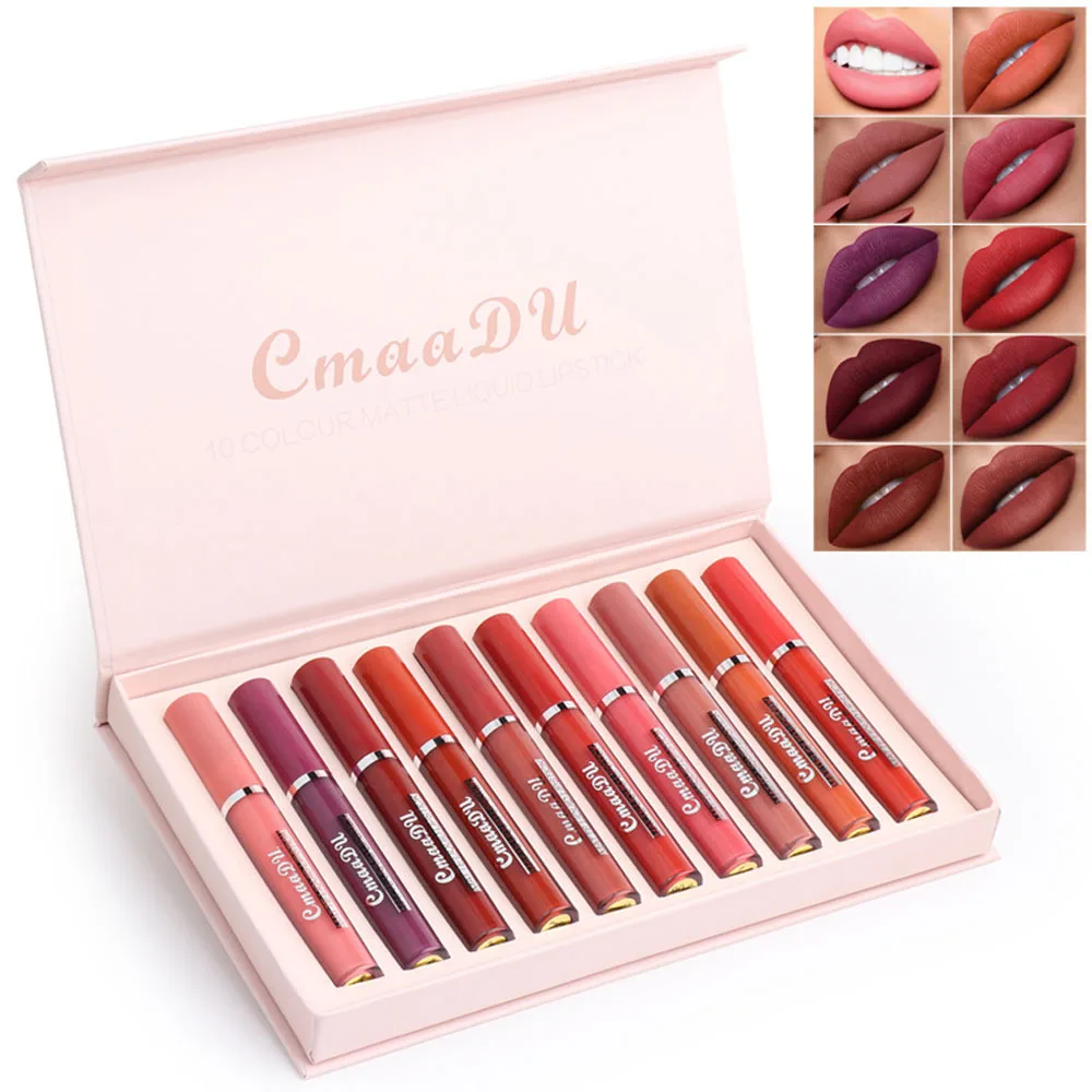 

Hot Sell Cmaadu 10pcs Lip Gloss Boxes Sweet Non-stick Cup Liquid Lipstick Waterproof Matte Vegan Lip Gloss Set, 10 colors