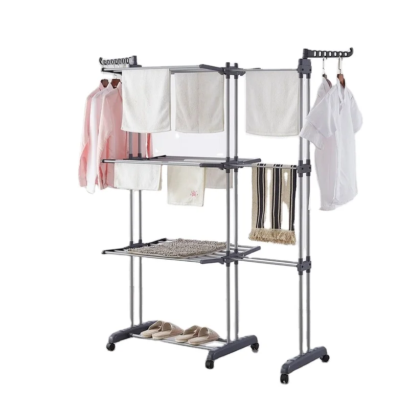 

Round pipe rotating shop display telescopic vertical iron towel folding clothes drying rack extended