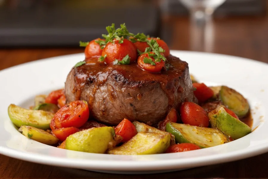 Brandy pepper sauce drizzled over medium-rare steak with roasted vegetables