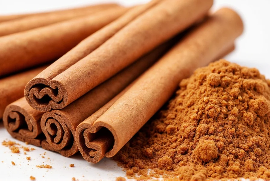 Close-up of cinnamon sticks and ground cinnamon showing texture and color differences between Ceylon and Cassia varieties