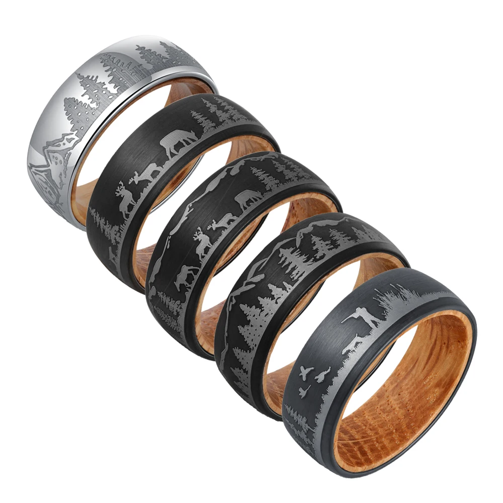 

Poya Men Silver Black 8mm Tungsten Carbide Whiskey Barrel Wood Ring With Forest Mountain Hunting Deer Animal Landscape Lasered