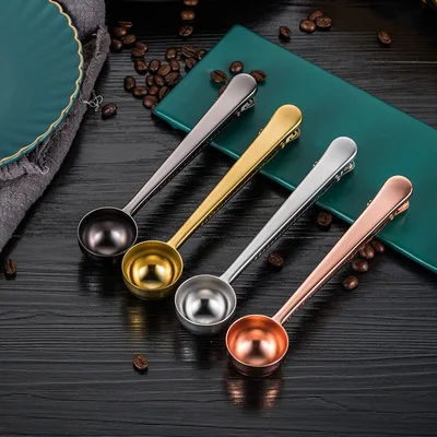 

Hongda 304 Food Grade Metal Coffee Measure Spoon Stainless Steel Coffee Nut Dessert Spoon with Clip Clamp, Silver, ti-gold, rose gold, black
