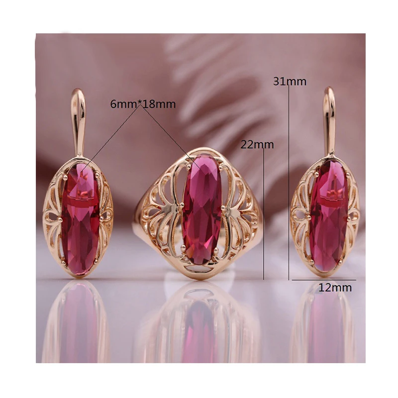 

2022 new fashion 585 rose gold electroplated earrings ring new oval red zircon earrings jewelry sets for women, Rosegold