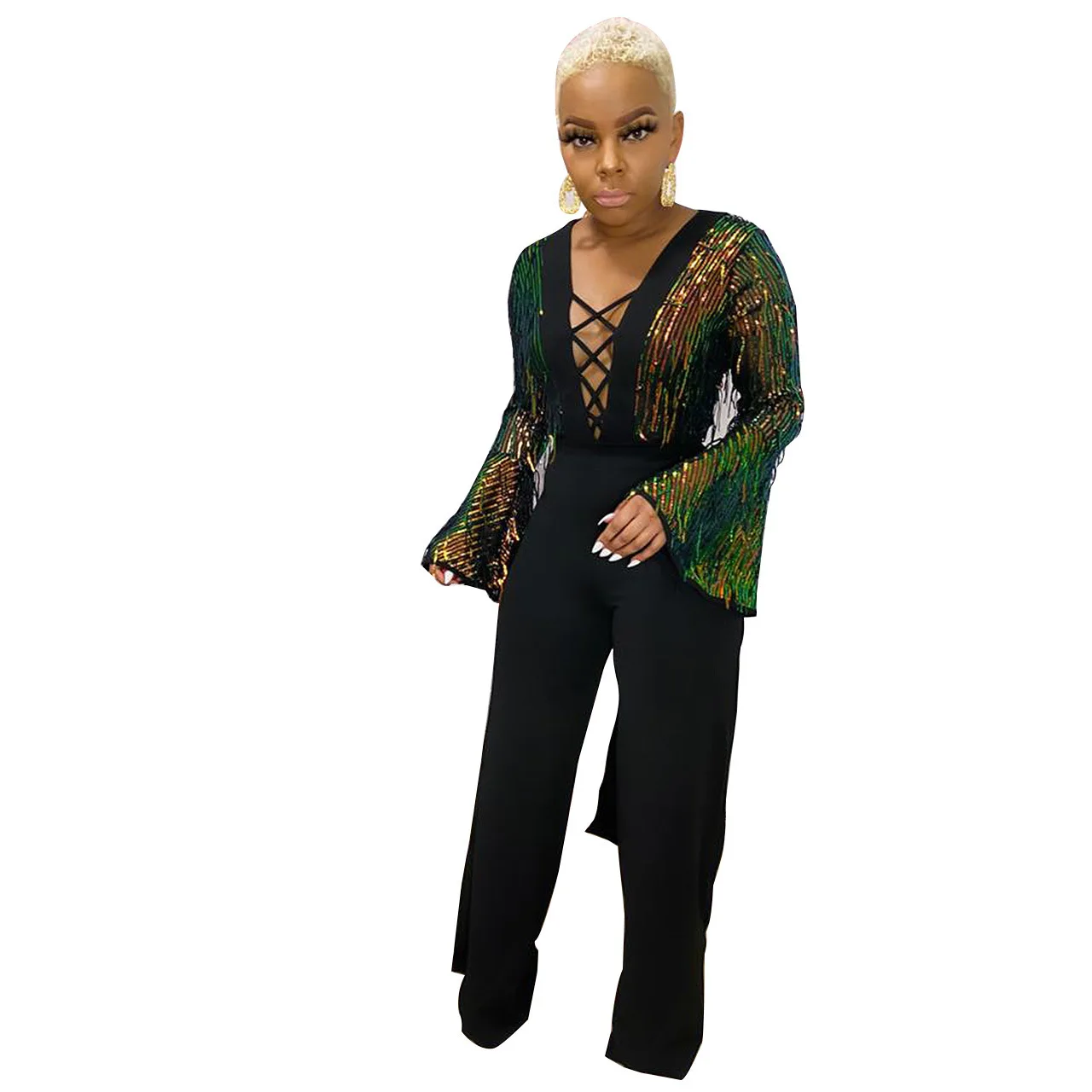 

CY8674 new fashion casual sequin sexy hollow party sequin jumpsuit