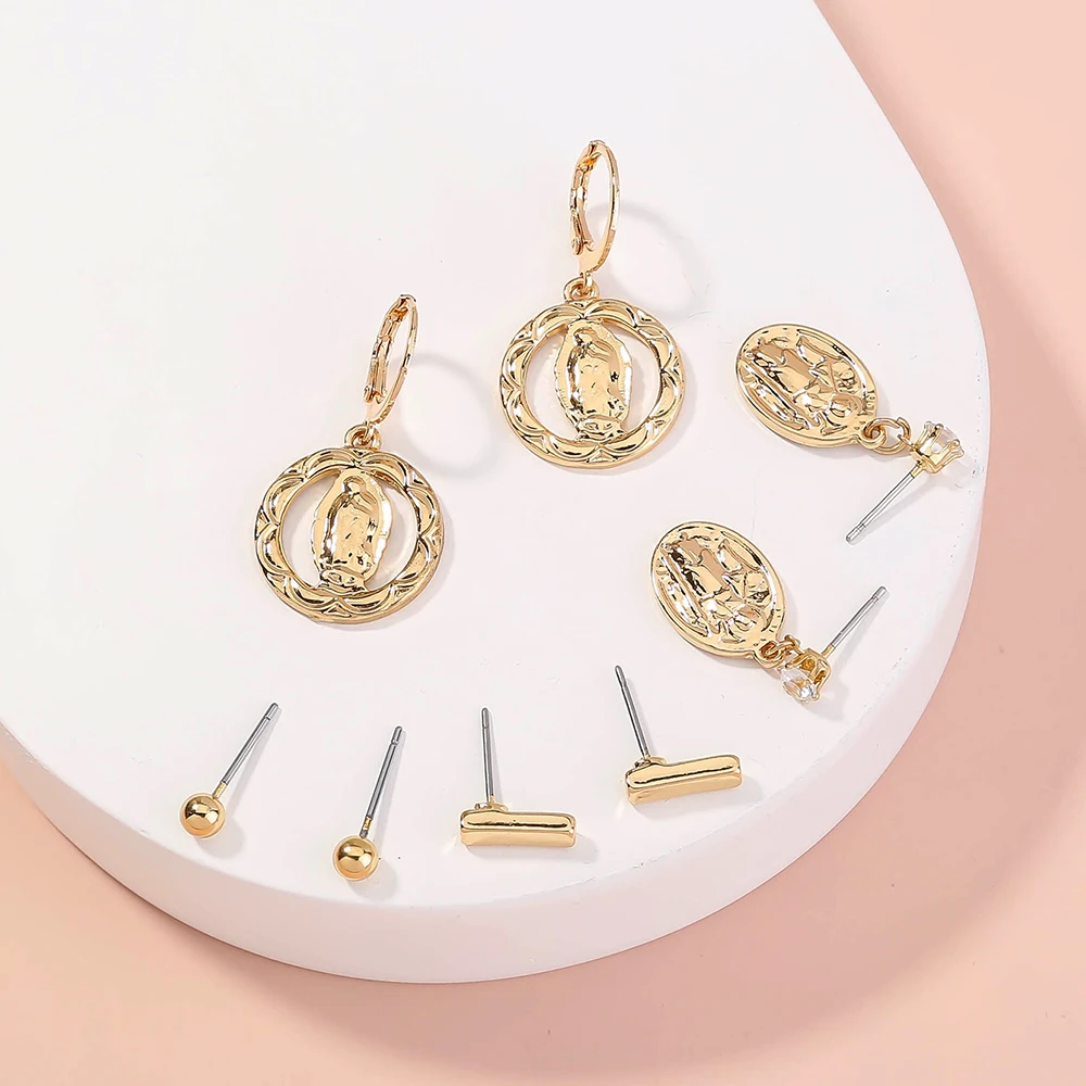 

Zircon Stud Huggie Jesus Face Earrings Set Charms Hoop Women Jewelry Vintage Geometric Mini Gold Bar 4 Pairs Gold Plated Trendy