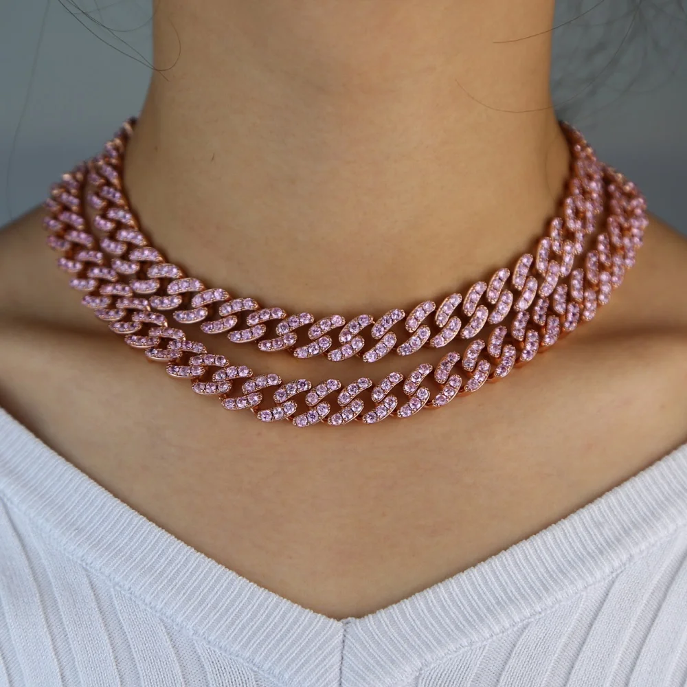 

12MM pink white cz Miami cuban link chain necklace for women in stock, Rose gold