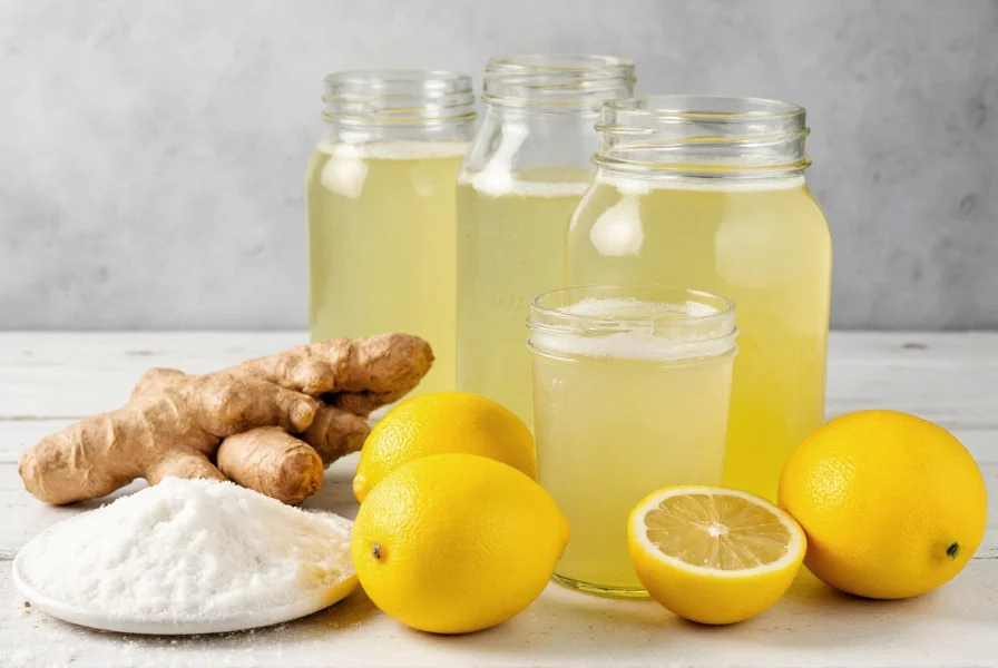 Fresh ginger root, sugar, lemons and glass jars arranged for homemade ginger ale recipe preparation