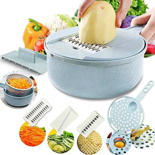 

8 in 1 Vegetable Cutter Slicer, Food Chopper Grater with Food Storage,Filter Basket and Egg White Separator,Peeler, Blue