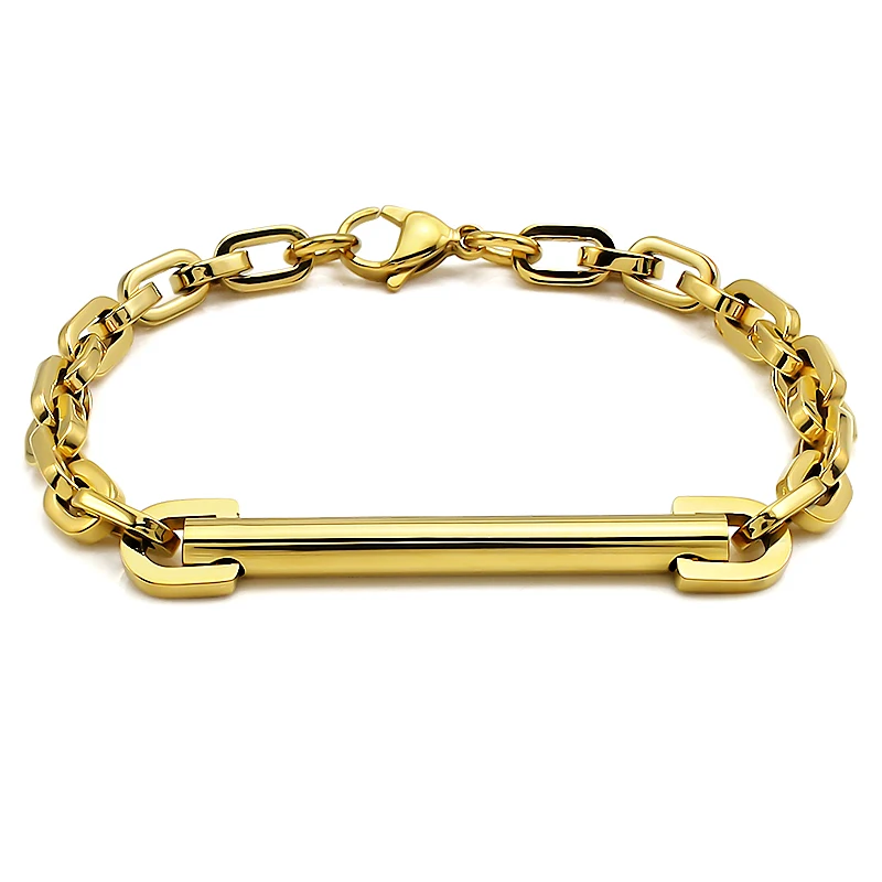 

Custom Jewelry 18K Gold Plated Bar Engravable Statement Bracelets Stainless Steel Small Link Chain Bracelet for Men Women, Silver, gold