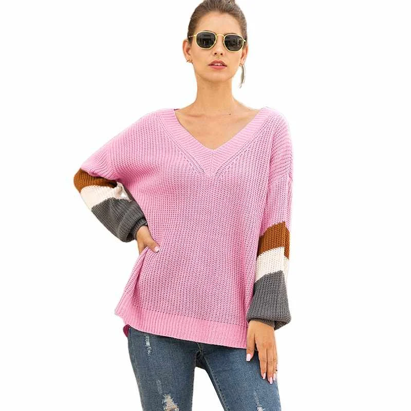 

Wholesale Custom Loose Long Sleeves V Neck Knitted Stripe Pullover Sweater For Women