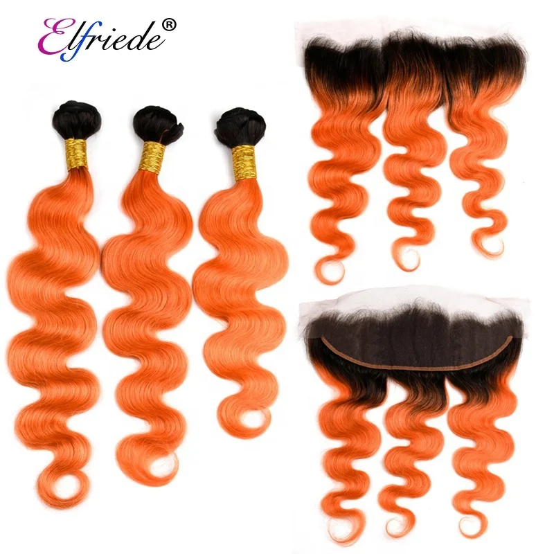 

#T 1B/Orange Body Wave Hair Bundles with Frontal Brazilian Remy Human Hair Weaves with 13"x4" Lace Frontal JCXT-148