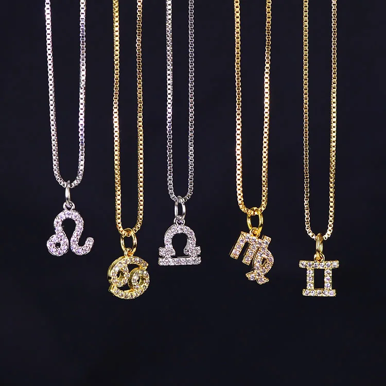 

Popular Dainty Mini Gold Plated CZ Micro Pave Zodiac Charm Necklace for women girls