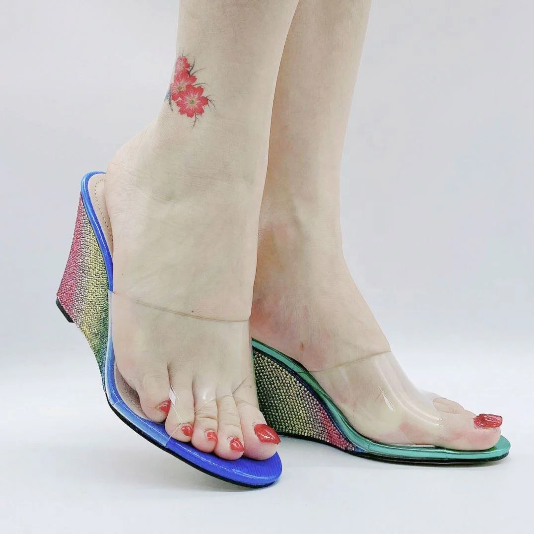 

Shiny Rhinestone OEM Wedge Heeled Shoes for Lady Girls Women Pumps Transparent Band Clear High Heeled Shoes Fashion Footwear