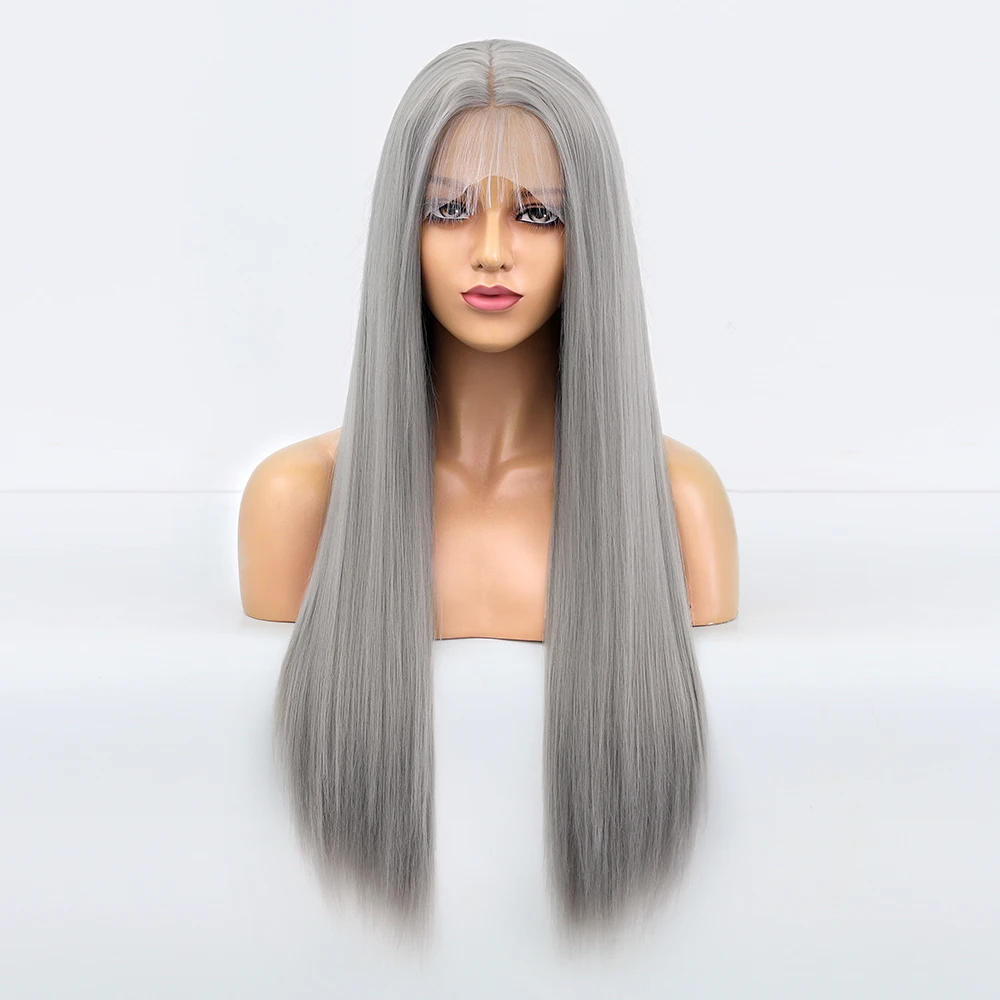 

Ainizi heat resistant fiber 26 inches long straight grey synthetic hair middle part T part lace front wigs