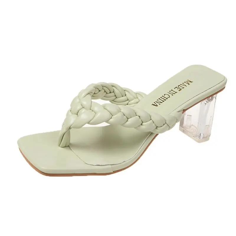 

Factory Sale Fashion Ladies Summer Slippers Candy Color Square Head Crystal Heel Casual Women Flip Flop Slippers