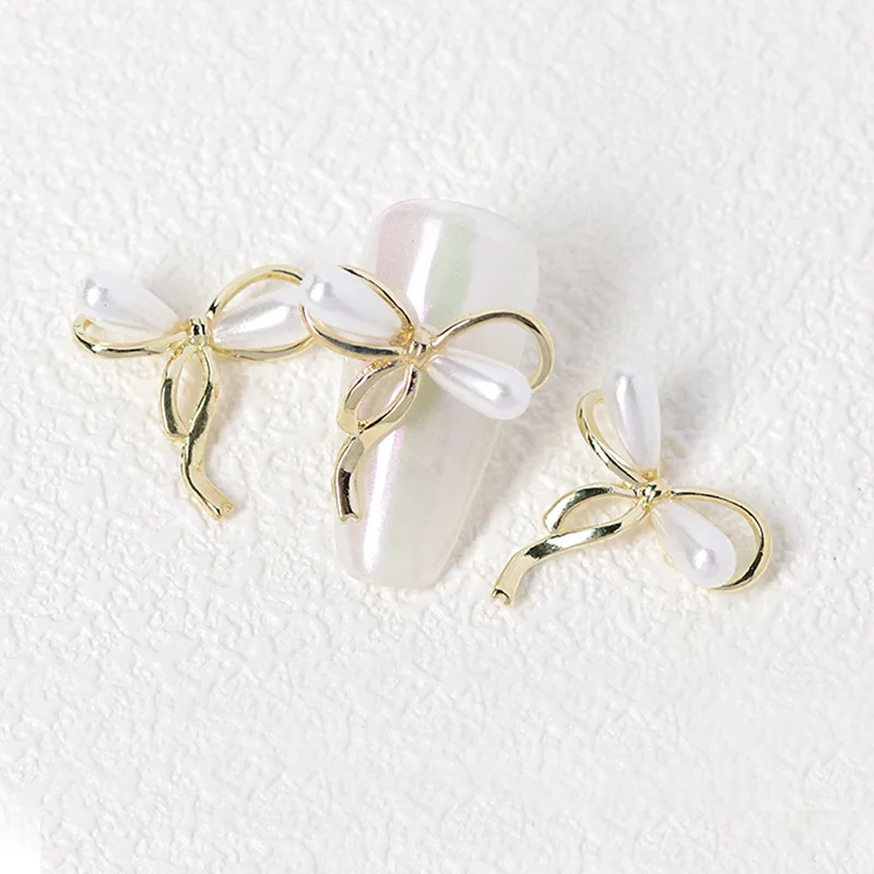 

Jieniya 5Pcs Alloy 3D Silver Gold Rhinestones Bows Pearl Nail Art Decoration