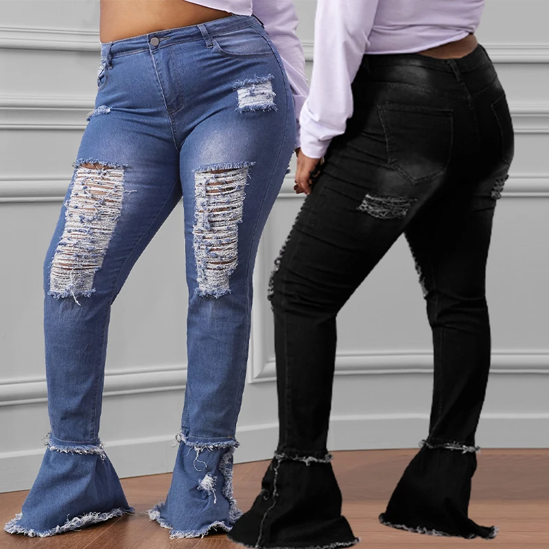 

Wholesale Ladies Casual Bell Bottom Mom Stacked Pants Destroyed Denim Skinny Ripped Jeans Women