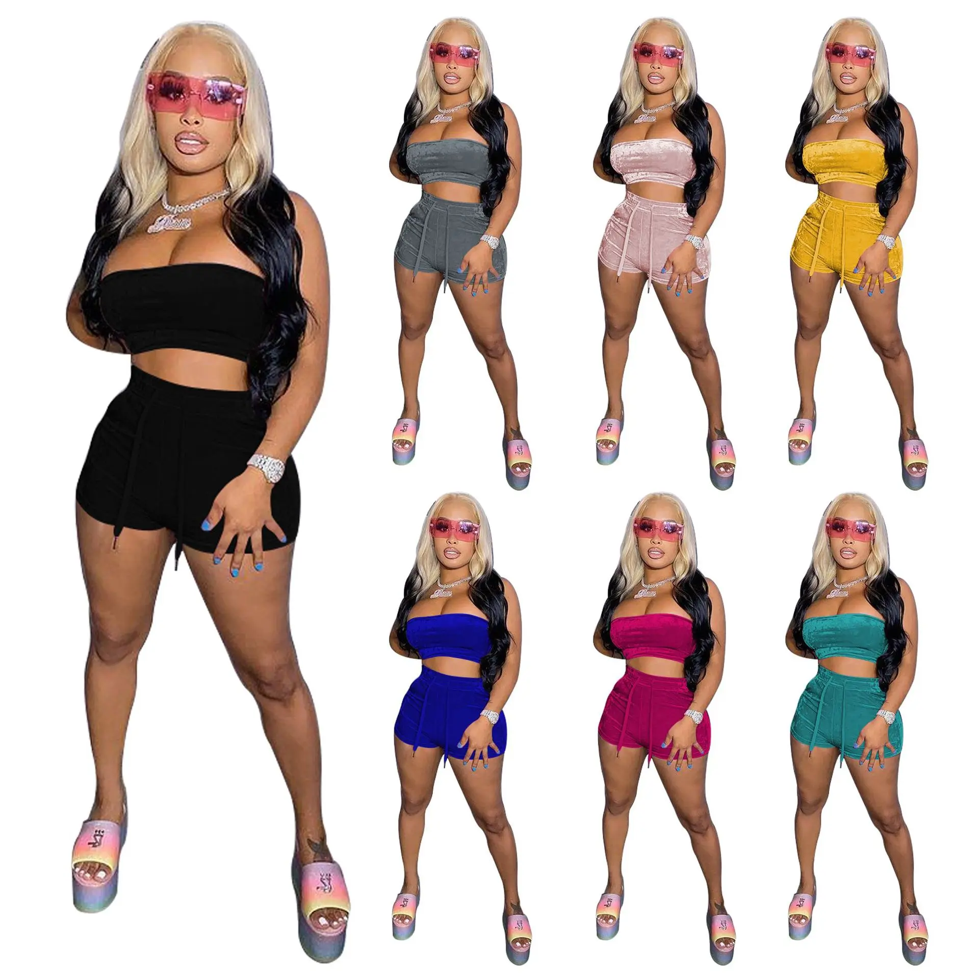 

2021 Hot Selling High Quality Velvet Women Summer Tube Tops High Waist Biker Short Casual Two Piece Set, Customized color