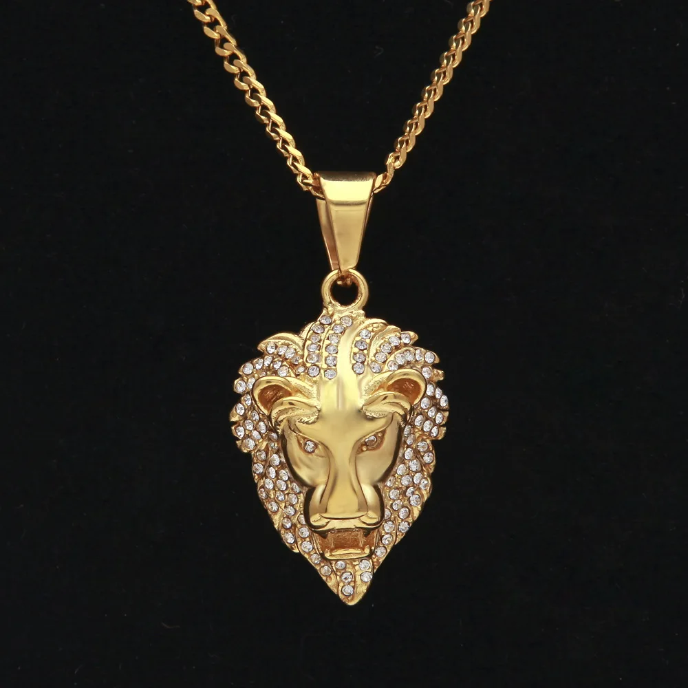 

Verena Jewelry Hip Hop Mens 18K Gold Plated Animal Charm Chain 316L Stainless Steel Diamond Lion Head Pendant Necklace For Men, Sliver/gold