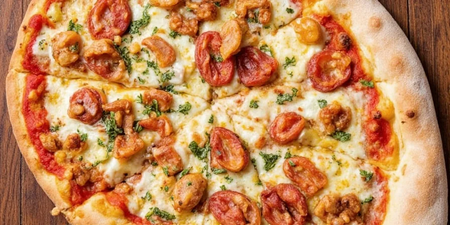 Creative pizza with crispy chicken, mozzarella, and crushed oregano crust