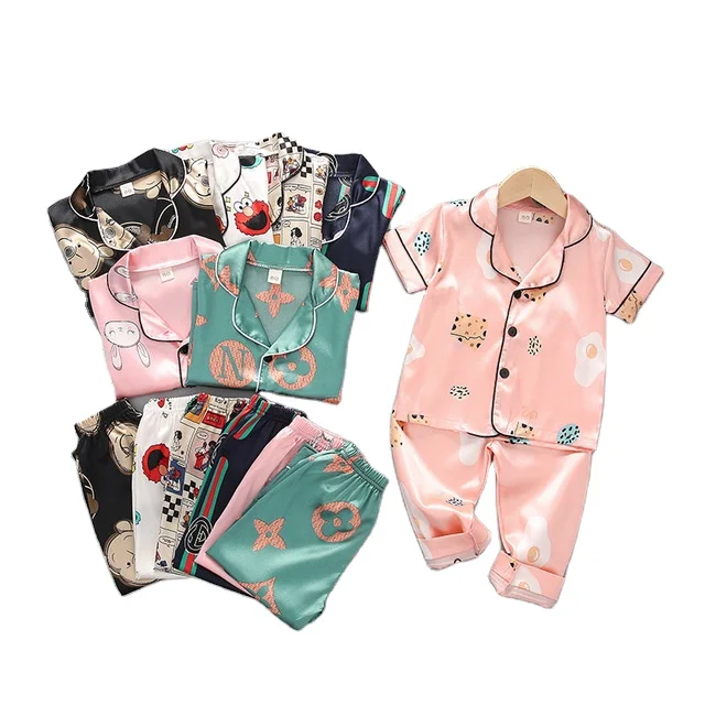 

2021 Girls Boys Short Sleeve Silk Satin Sleepwear for Summer Animal Cartoon Kids Cute Nightgown Children's Cartoon Pajamas Sets