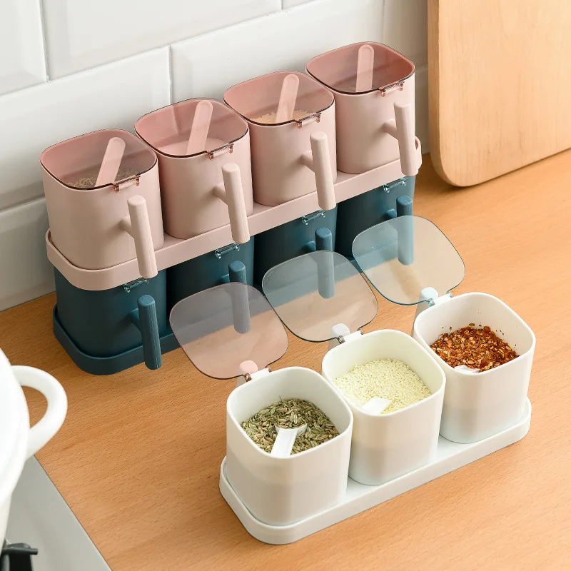 

Kitchen Seasoning Box Spice Jar Set Container Condiment Cruet with Cover and Serving Spoon for Kitchen Storage