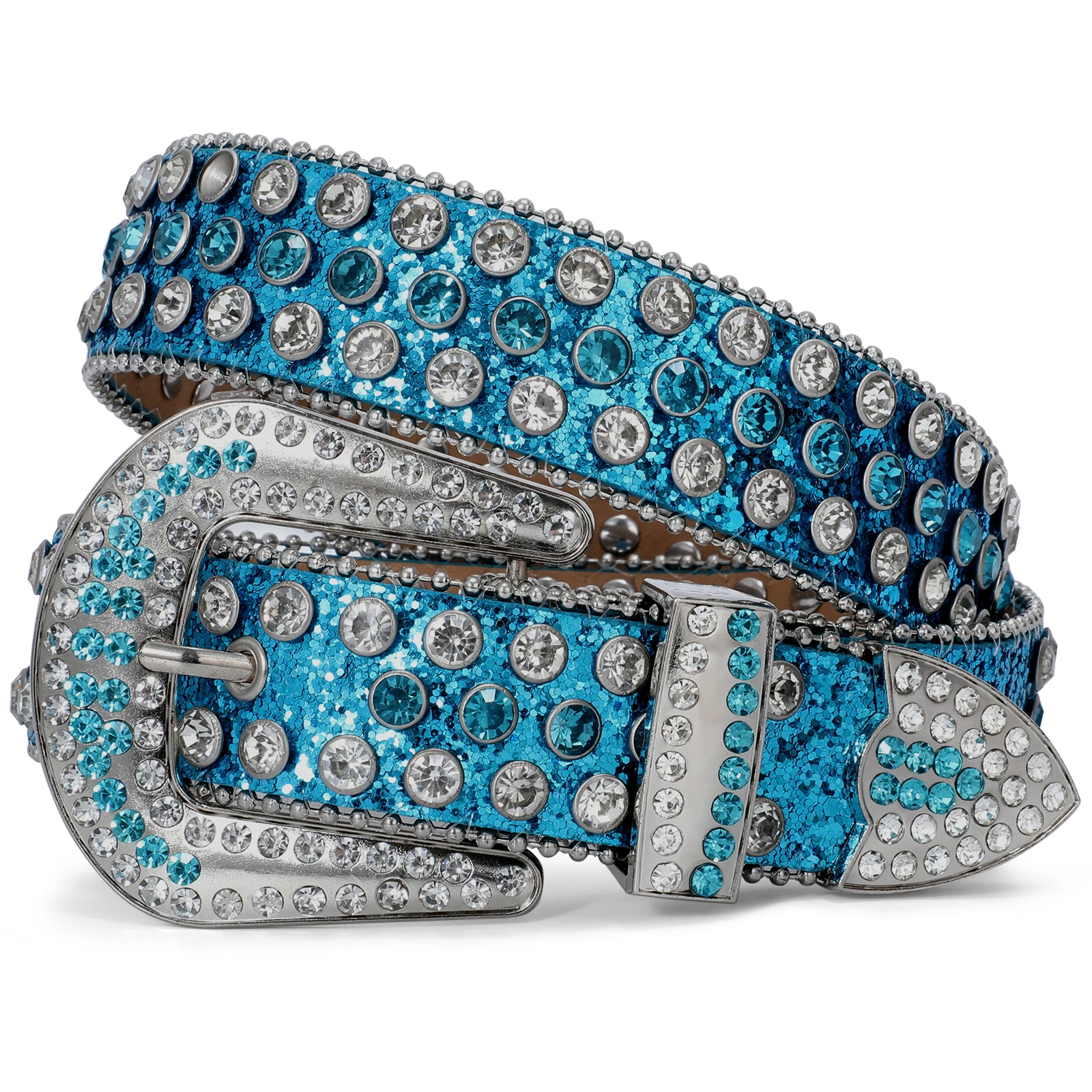 

OEM Wholesale Bling Blue Unisex Studded Crystal Diamond Pin Buckle Faux Leather Rhinestone Belt For Women Men